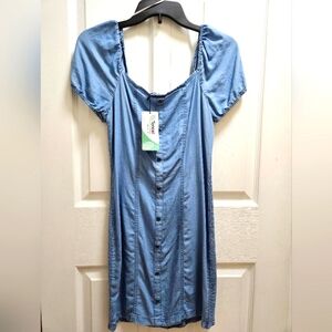 Love Tree Tencel Lightweight Smocked Blue Button-Down Denim Mini Dress Medium